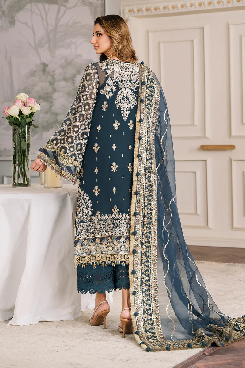 Embroidered Chiffon 13-Piece Unstitched Suit With Handwork Neckline, Organza & Digital Printed Silk Borders, Embroidered Organza Dupatta & Dyed Silk Trousers