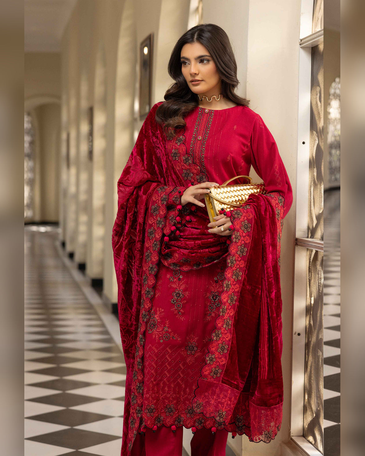 Shaista Gold Full Embroidered Peach 3 Piece Suit with Palachi Dupatta