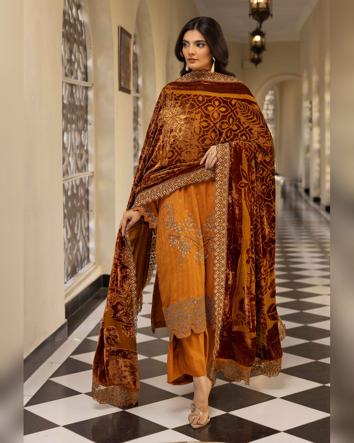 Shaista Gold Full Embroidered Peach 3 Piece Suit with Palachi Dupatta
