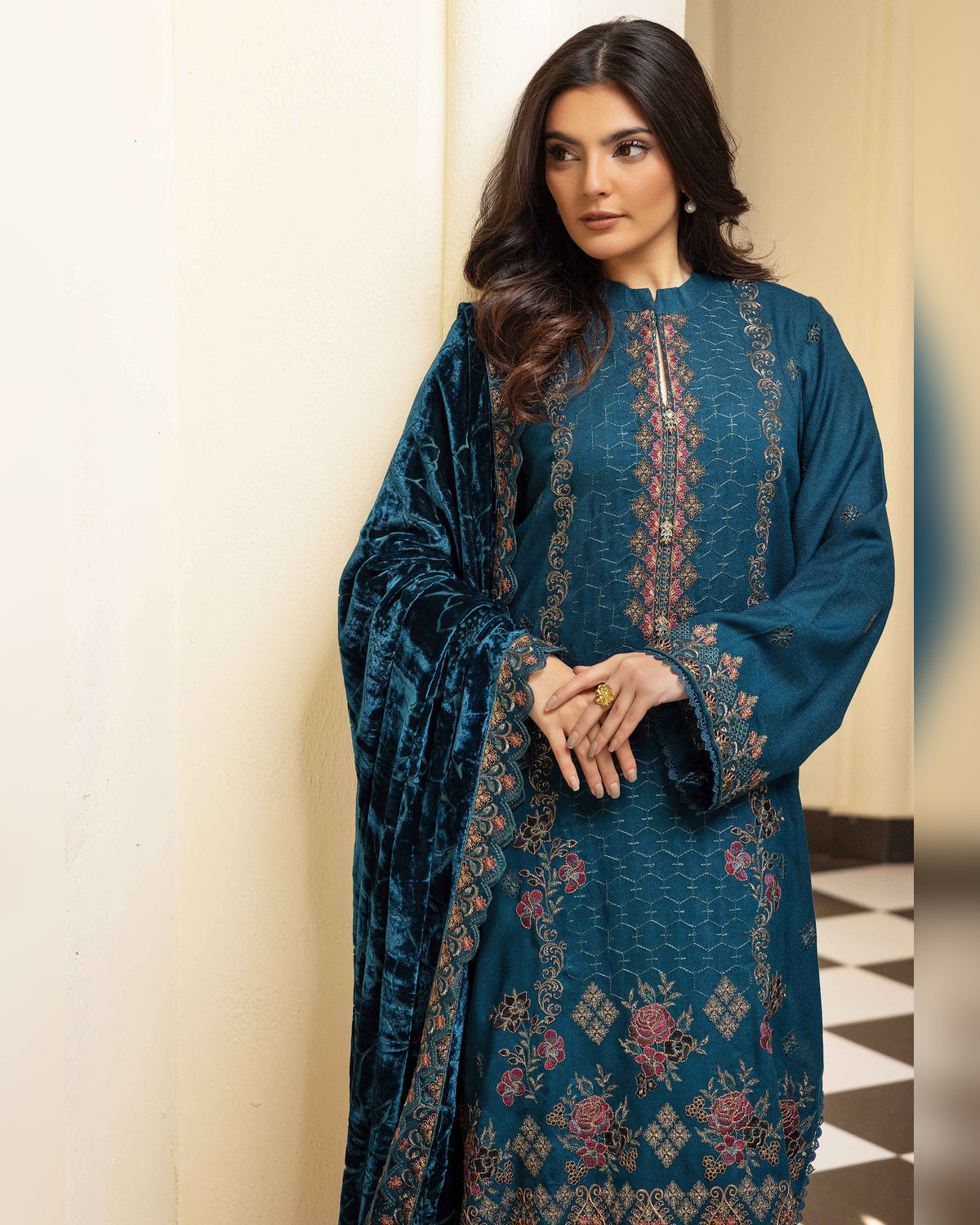 Shaista Gold Full Embroidered Peach 3 Piece Suit with Palachi Dupatta