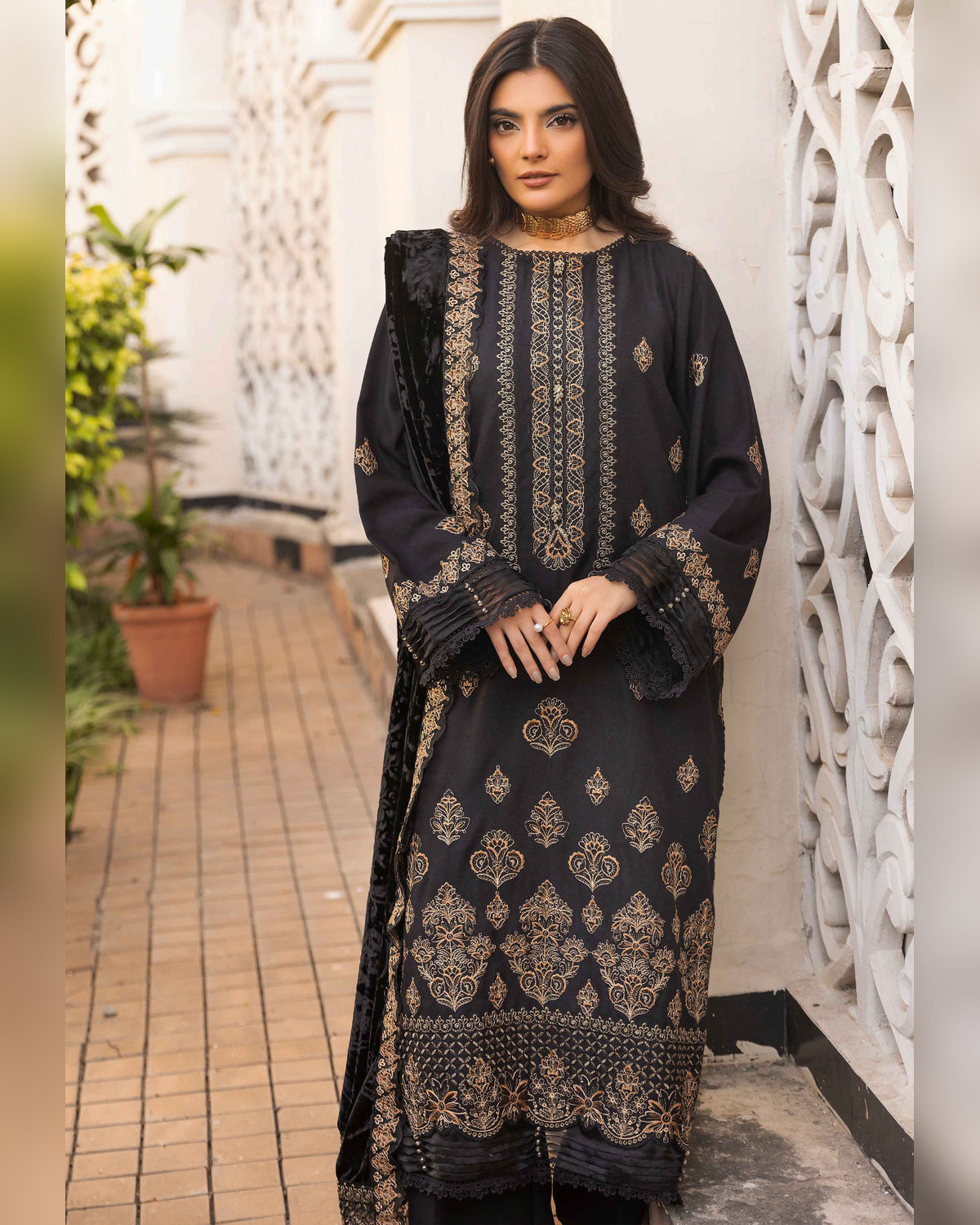 Shaista Gold Full Embroidered Peach 3 Piece Suit with Palachi Dupatta