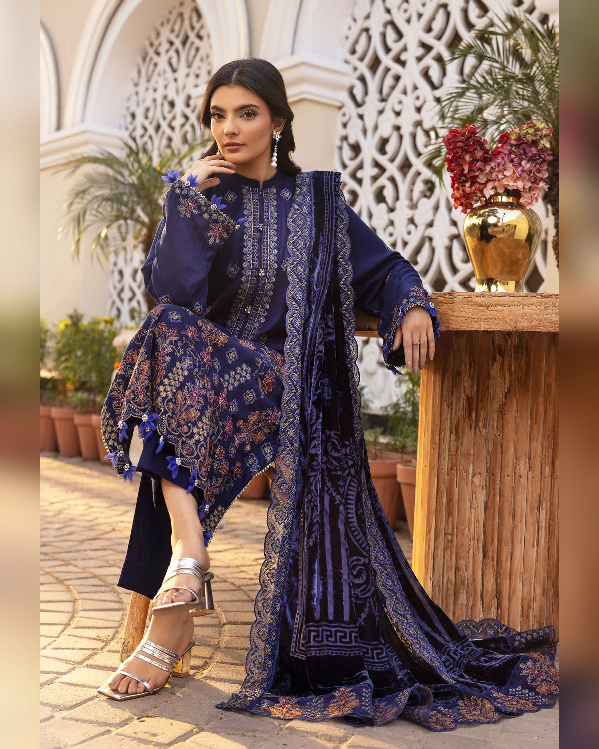 Shaista Gold Full Embroidered Peach 3 Piece Suit with Palachi Dupatta
