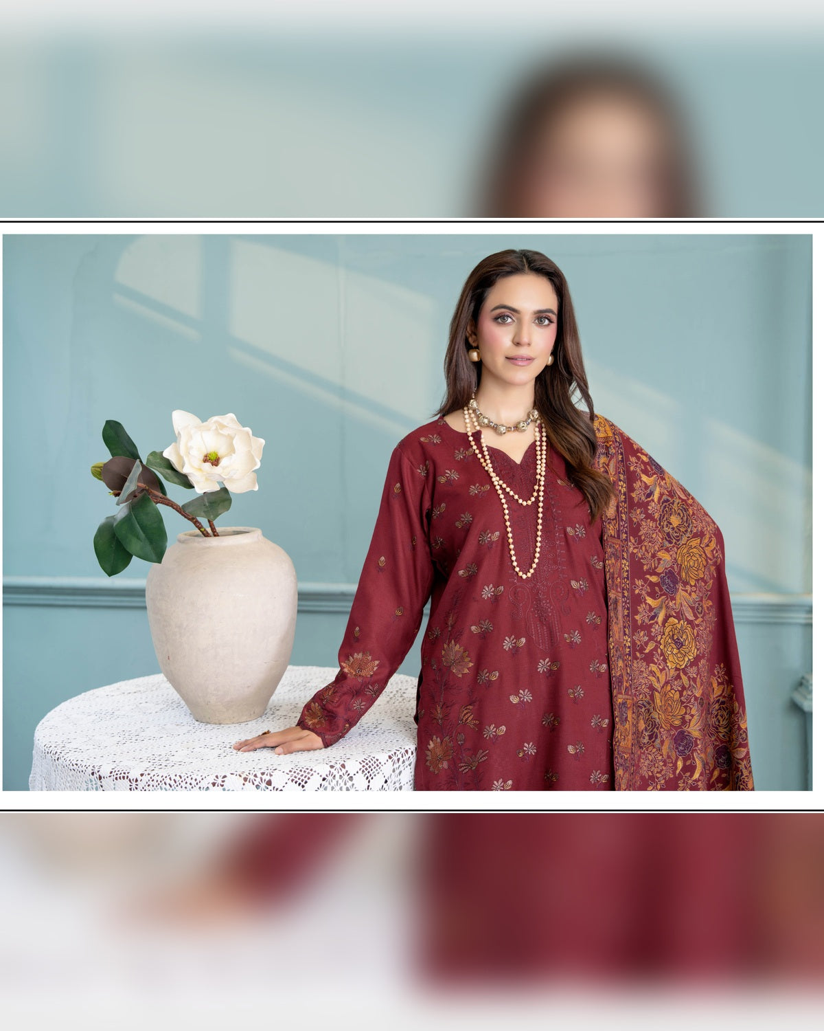 Mahgul Vol. 2 by Riaz Arts – Luxury Embroidered Tensil Peach Leather 3 Piece Winter Suit with Kani Wool Shawl