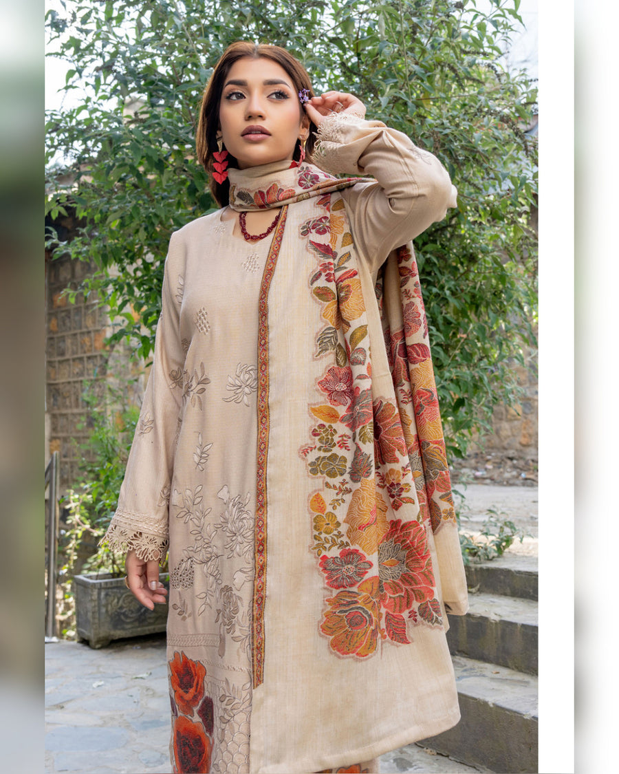 Riaz Arts Qisa Luxury Winter Embroidered Peach Leather Suit with Kani Wool Shawl