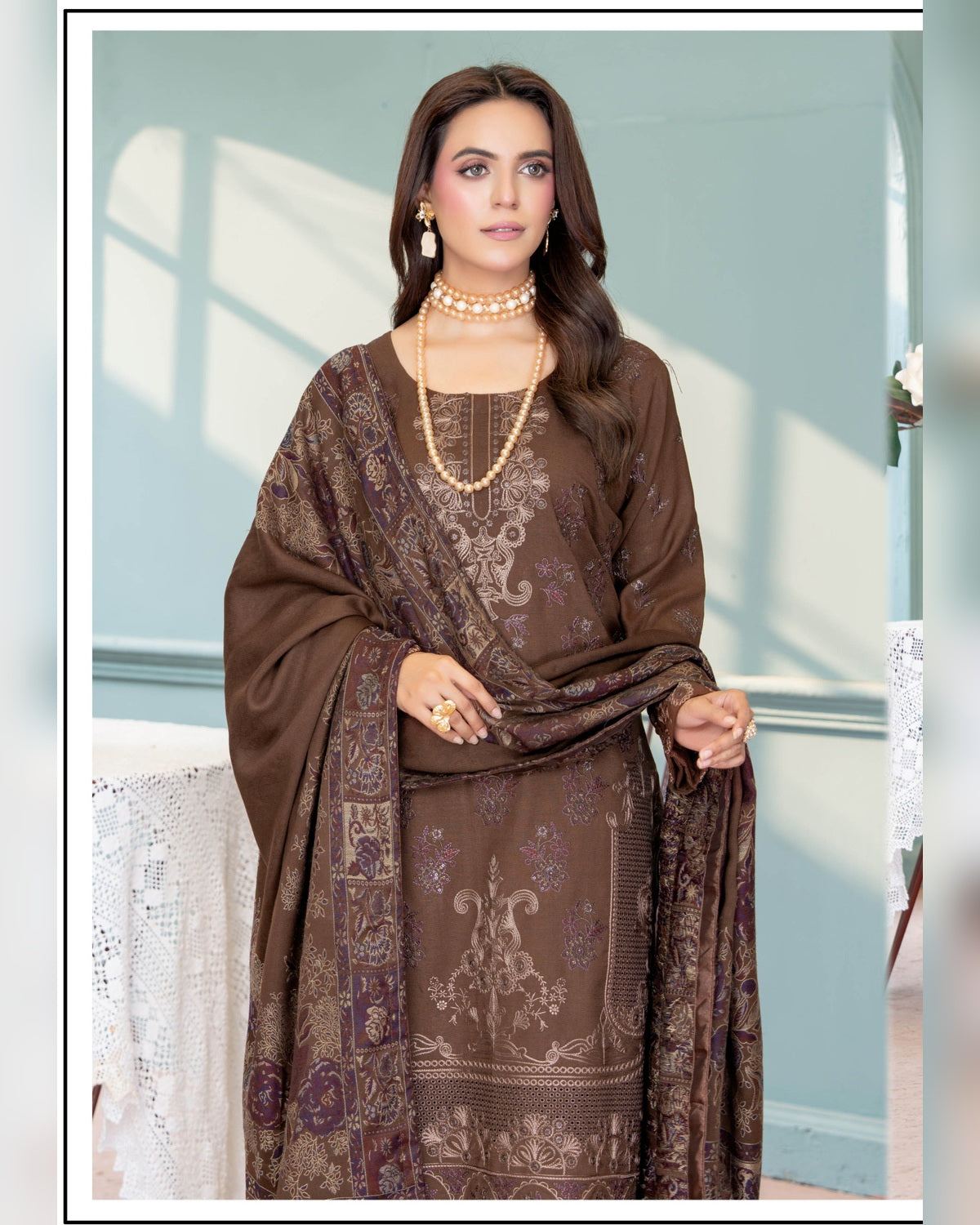 Mahgul Vol. 2 by Riaz Arts – Luxury Embroidered Tensil Peach Leather 3 Piece Winter Suit with Kani Wool Shawl