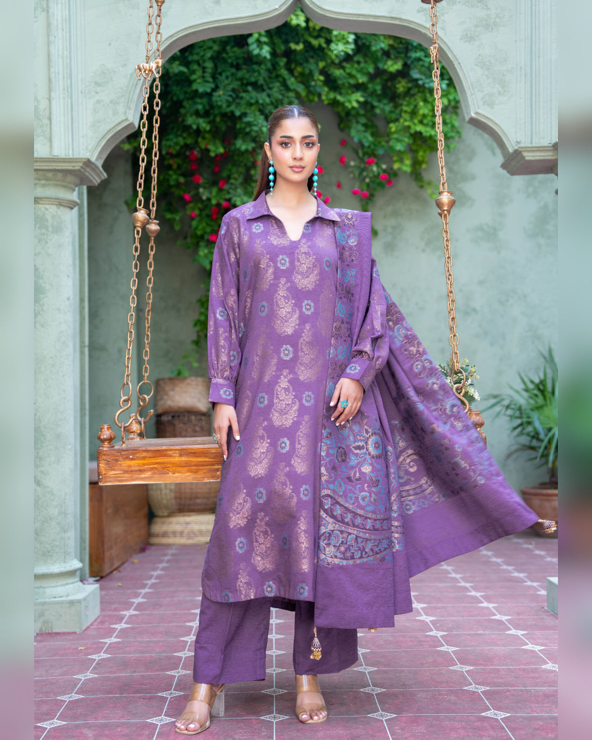 Riaz Arts Kani Micro Velvet Jacquard 3 Piece Suit with Jacquard Shawl