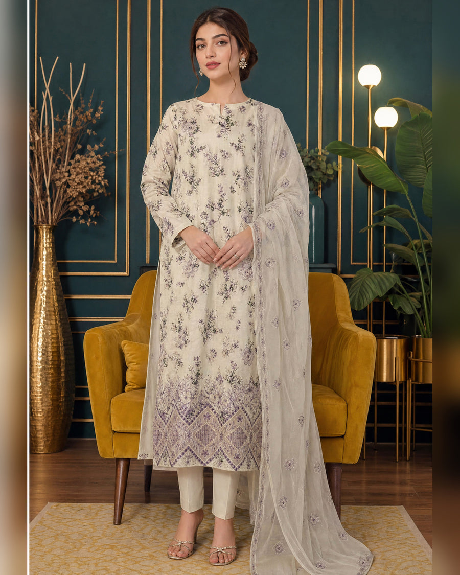 Manizay Dream Slub Bambo Embroidered 3 Piece Suit with Chiffon Dupatta