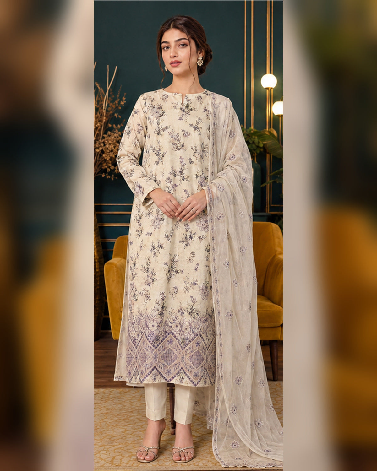 Manizay Dream Slub Bambo Embroidered 3 Piece Suit with Chiffon Dupatta
