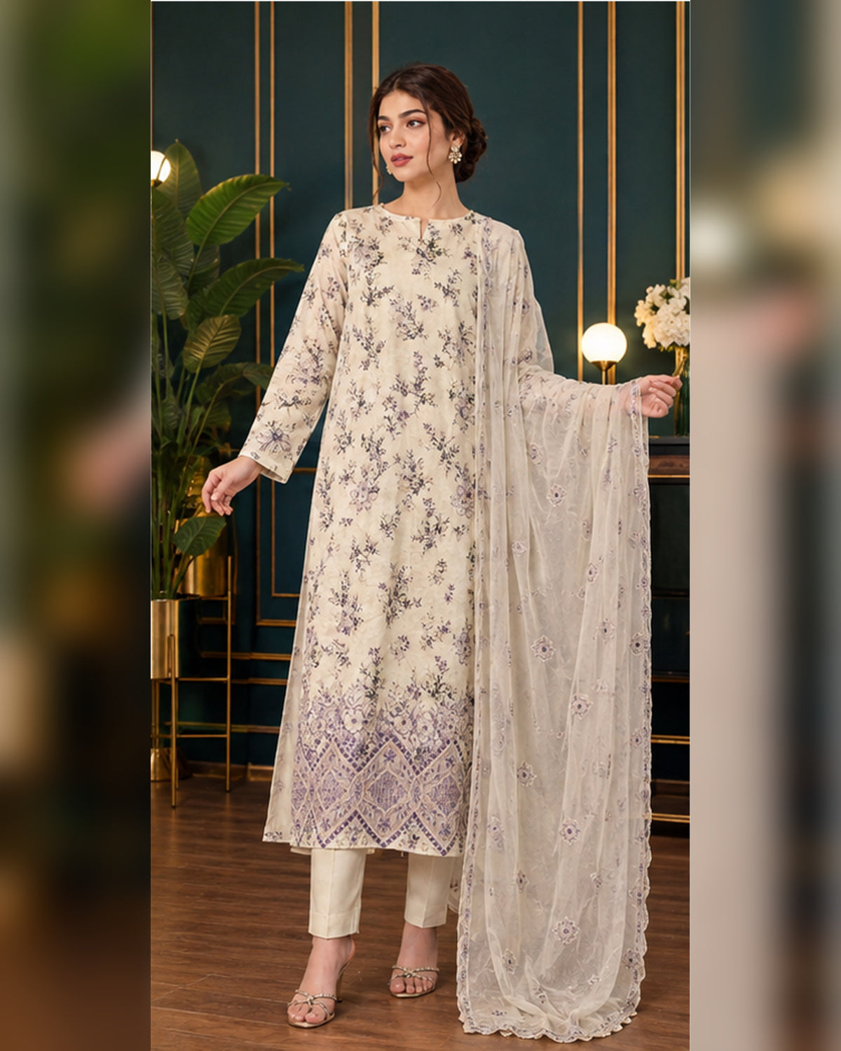 Manizay Dream Slub Bambo Embroidered 3 Piece Suit with Chiffon Dupatta
