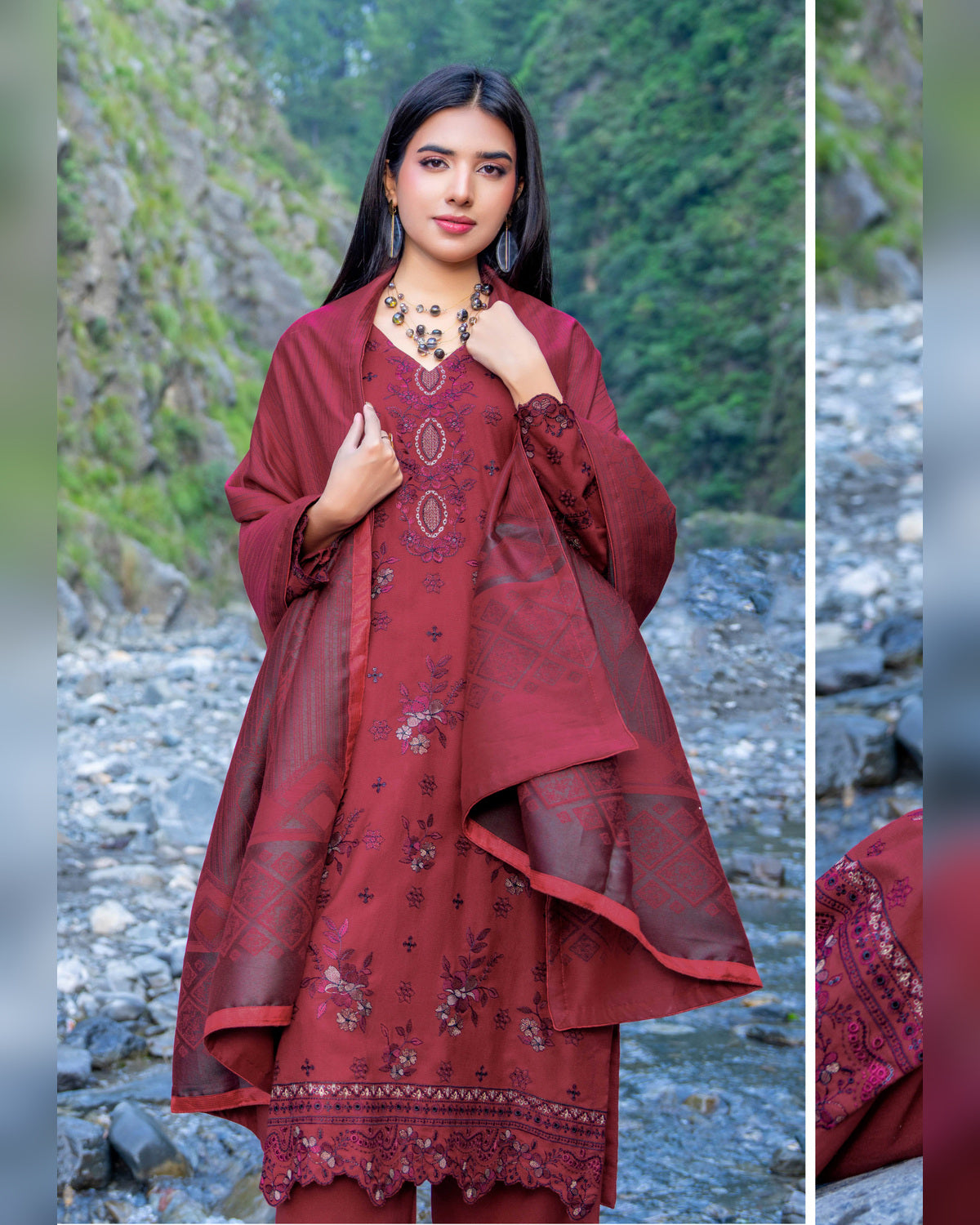 Riaz Arts Zarar Luxury Winter Embroidered Wool Touch Peach Suit with Banarsi Jacquard Shawl