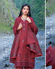 Riaz Arts Zarar Luxury Winter Embroidered Wool Touch Peach Suit with Banarsi Jacquard Shawl