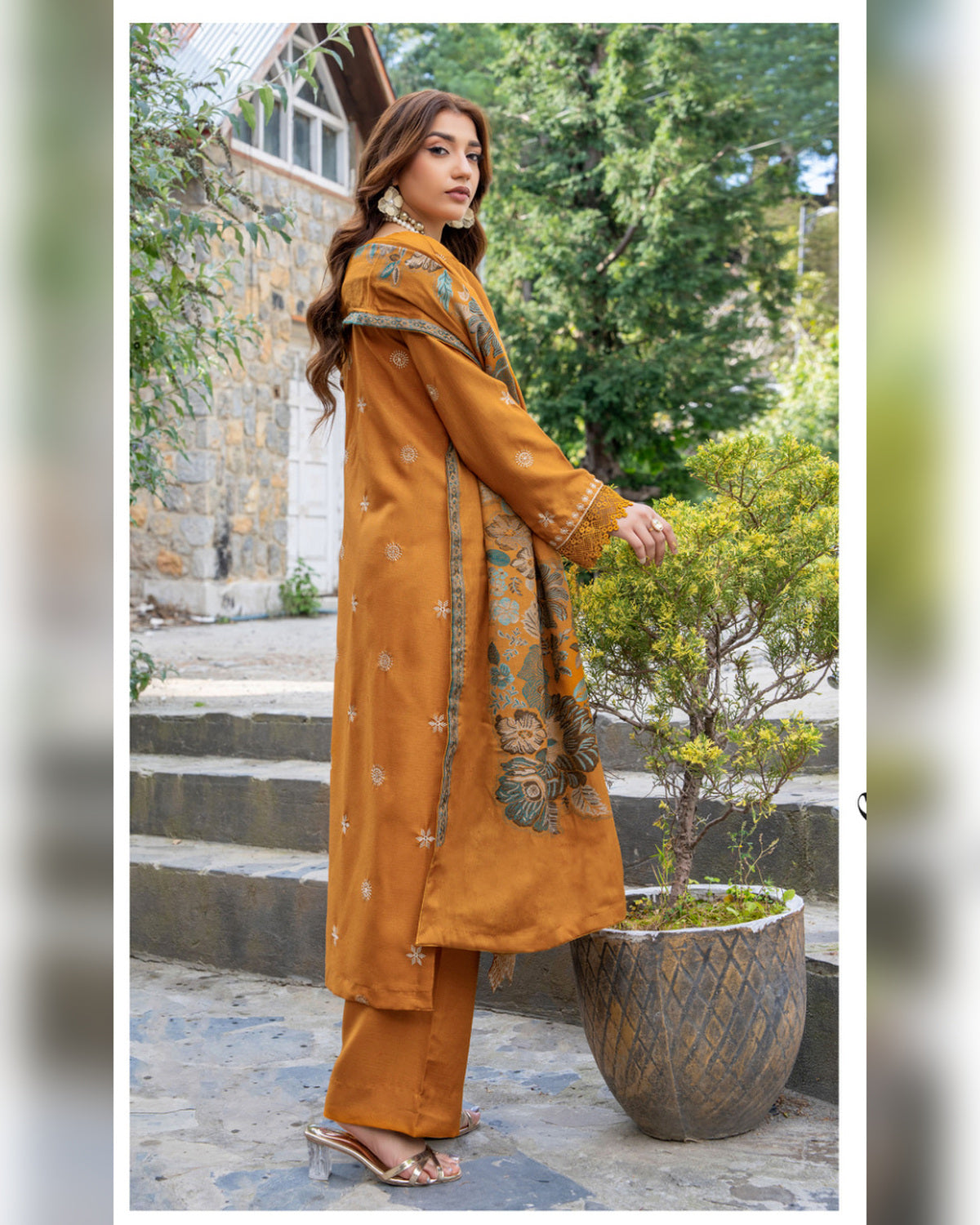 Riaz Arts Qisa Luxury Winter Embroidered Peach Leather Suit with Kani Wool Shawl