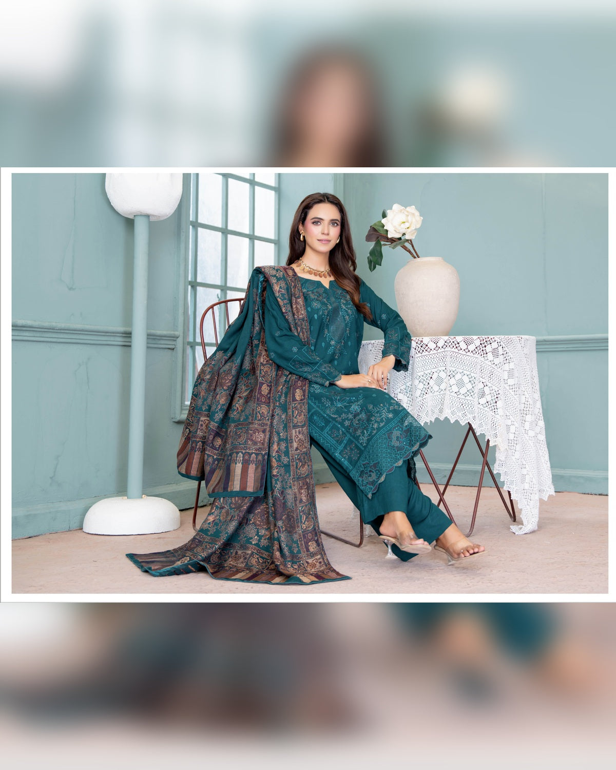 Mahgul Vol. 2 by Riaz Arts – Luxury Embroidered Tensil Peach Leather 3 Piece Winter Suit with Kani Wool Shawl