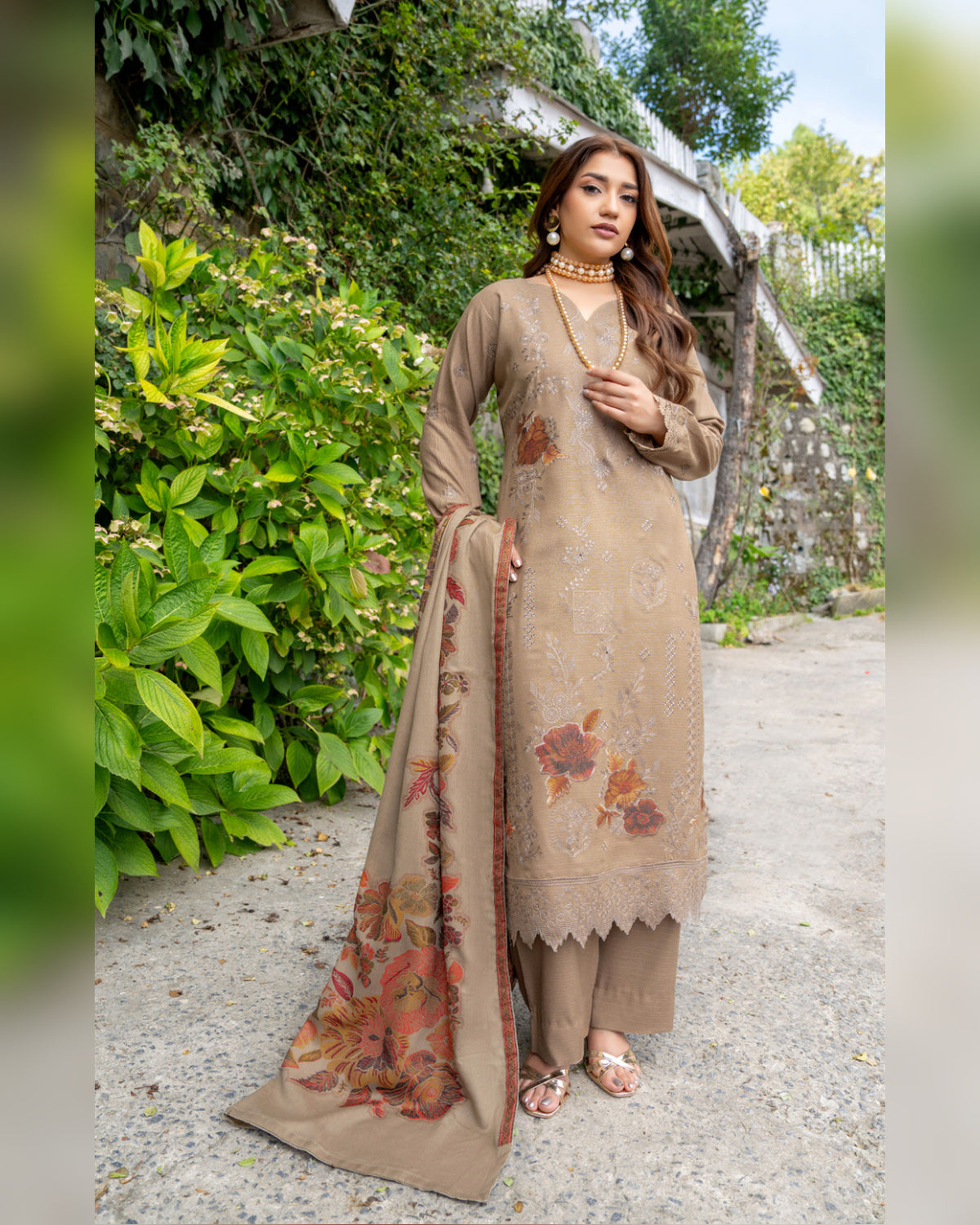 Riaz Arts Qisa Luxury Winter Embroidered Peach Leather Suit with Kani Wool Shawl