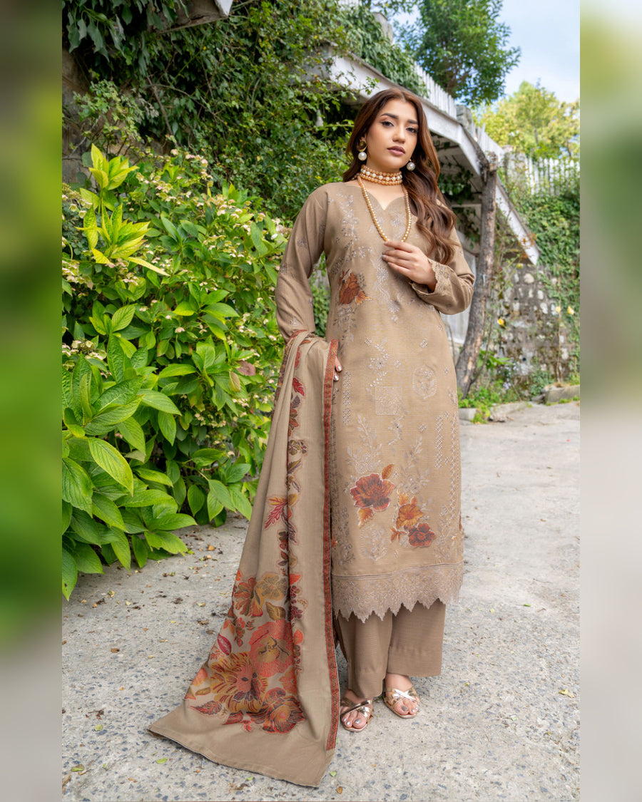 Riaz Arts Qisa Luxury Winter Embroidered Peach Leather Suit with Kani Wool Shawl