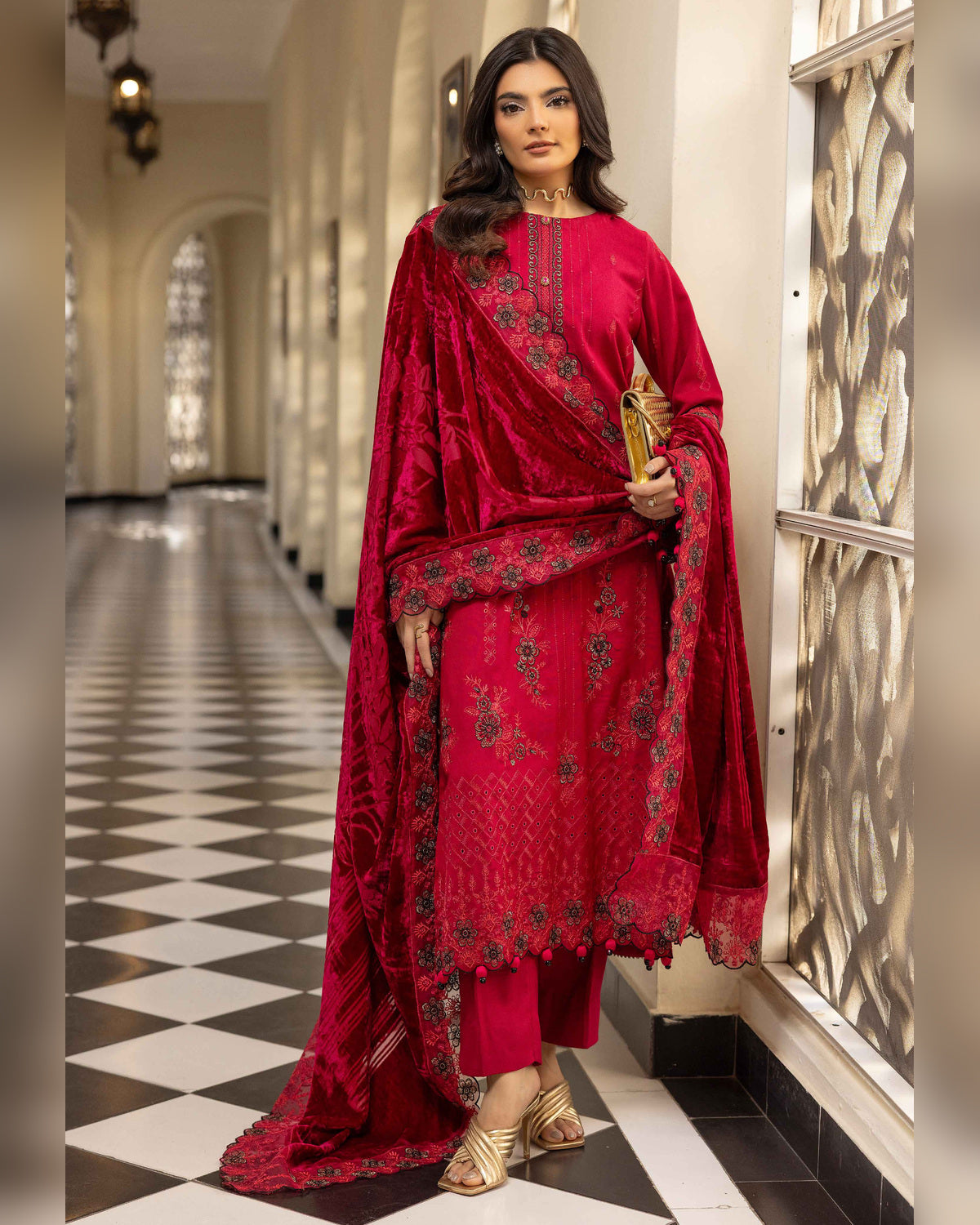 Shaista Gold Full Embroidered Peach 3 Piece Suit with Palachi Dupatta