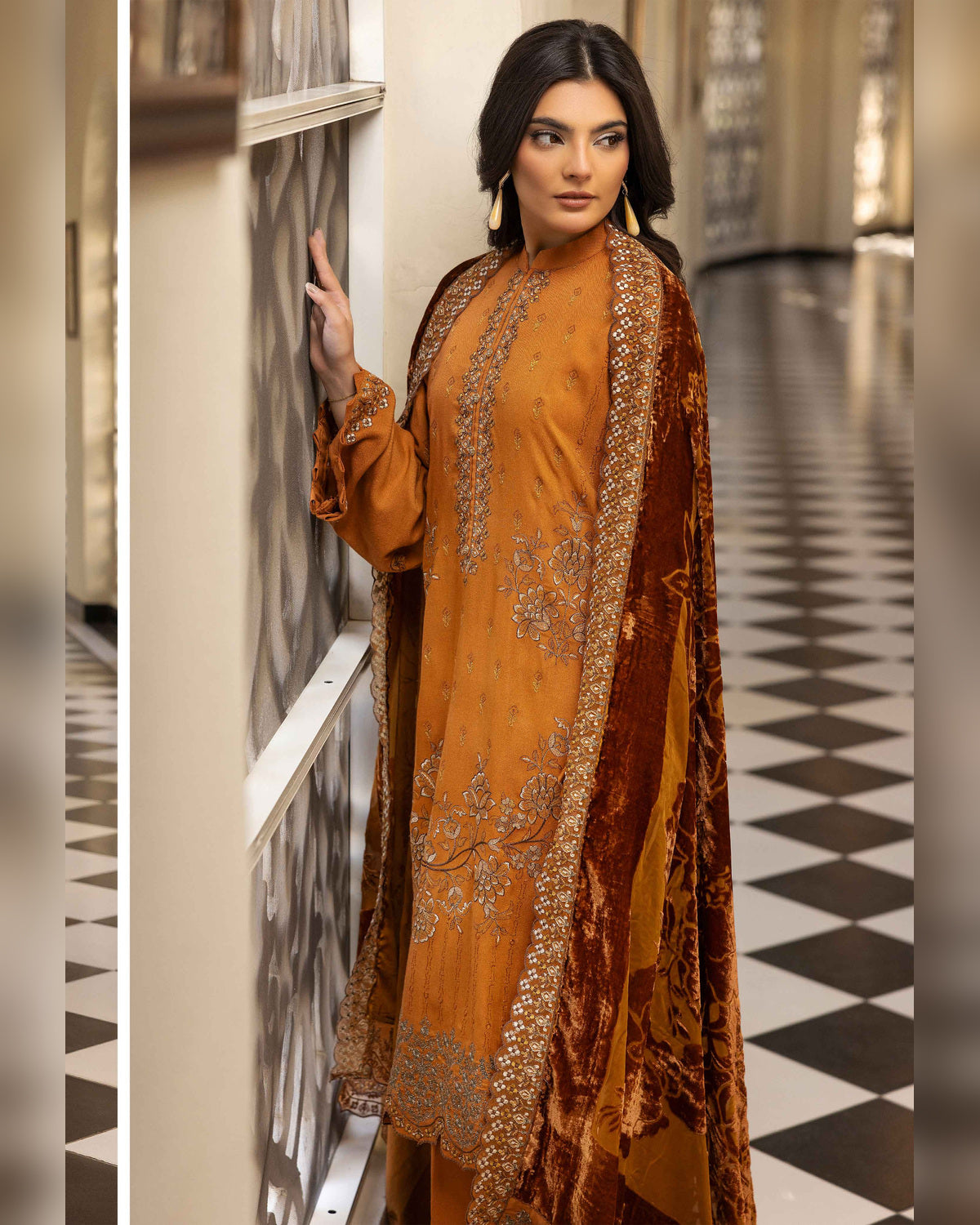 Shaista Gold Full Embroidered Peach 3 Piece Suit with Palachi Dupatta