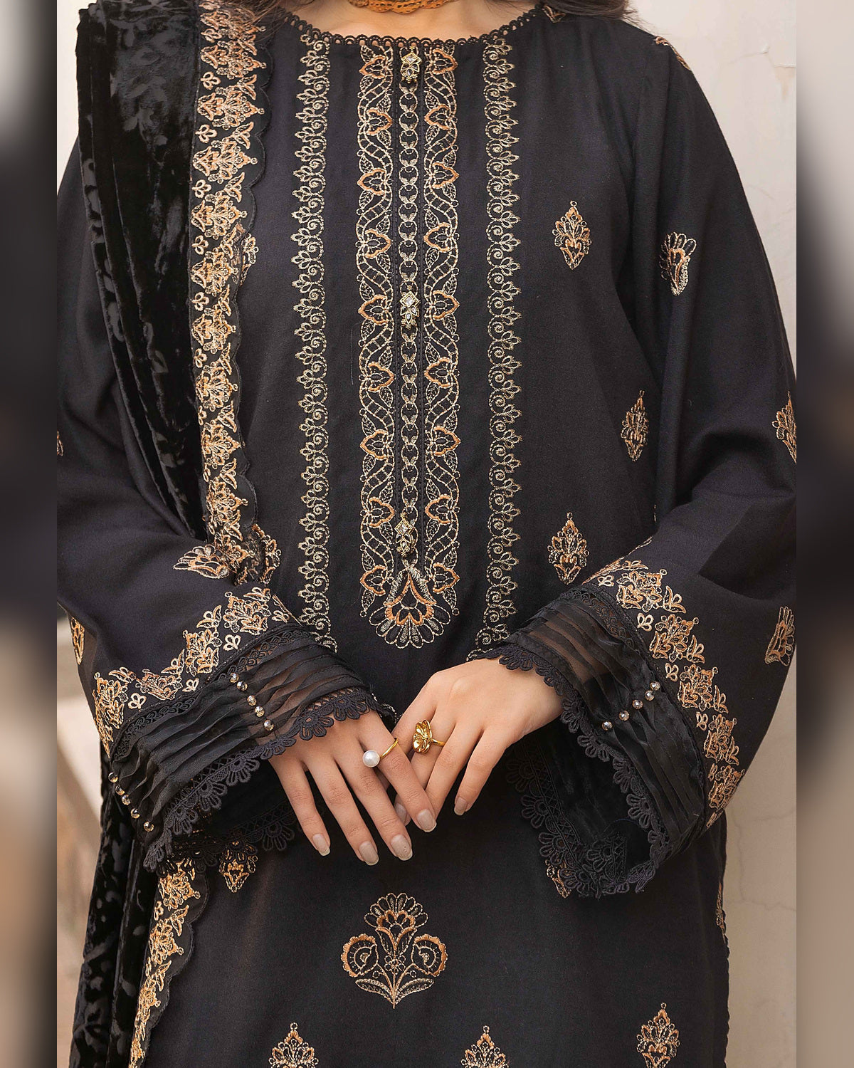 Shaista Gold Full Embroidered Peach 3 Piece Suit with Palachi Dupatta