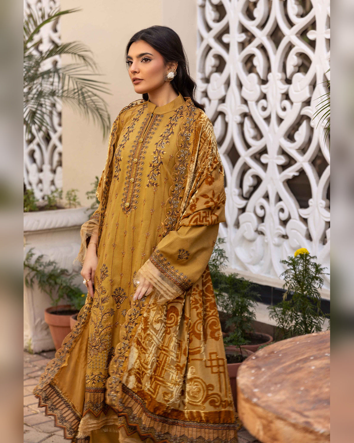 Shaista Gold Full Embroidered Peach 3 Piece Suit with Palachi Dupatta