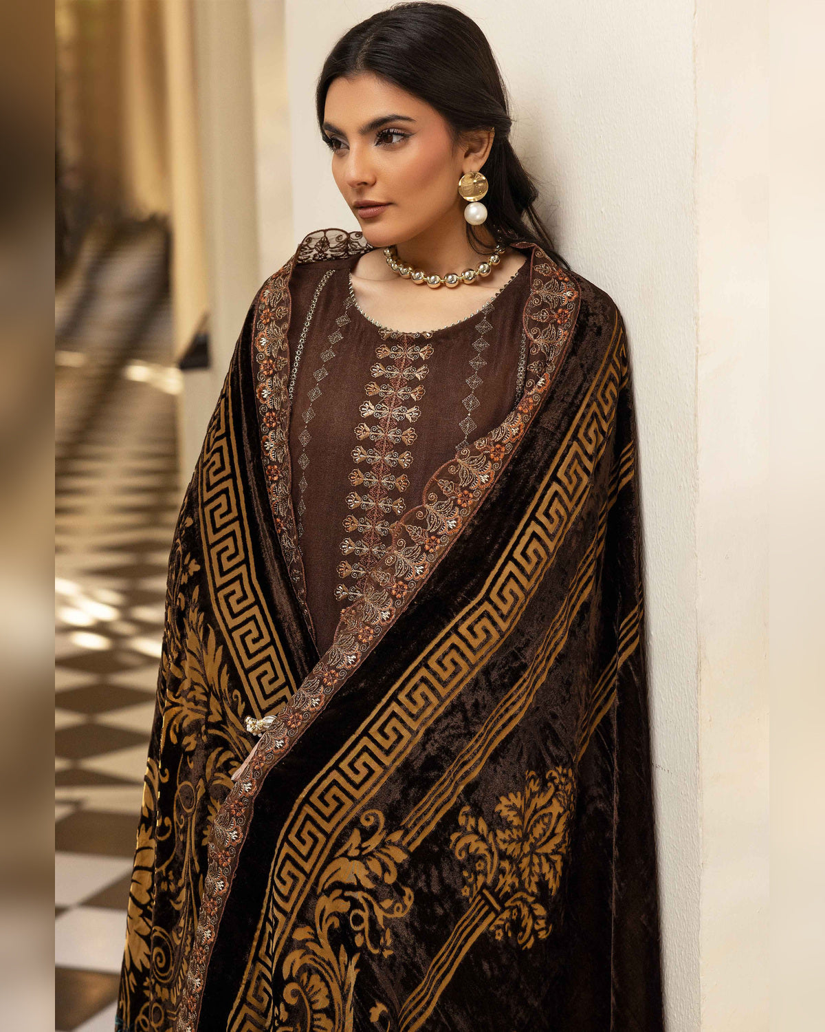 Shaista Gold Full Embroidered Peach 3 Piece Suit with Palachi Dupatta