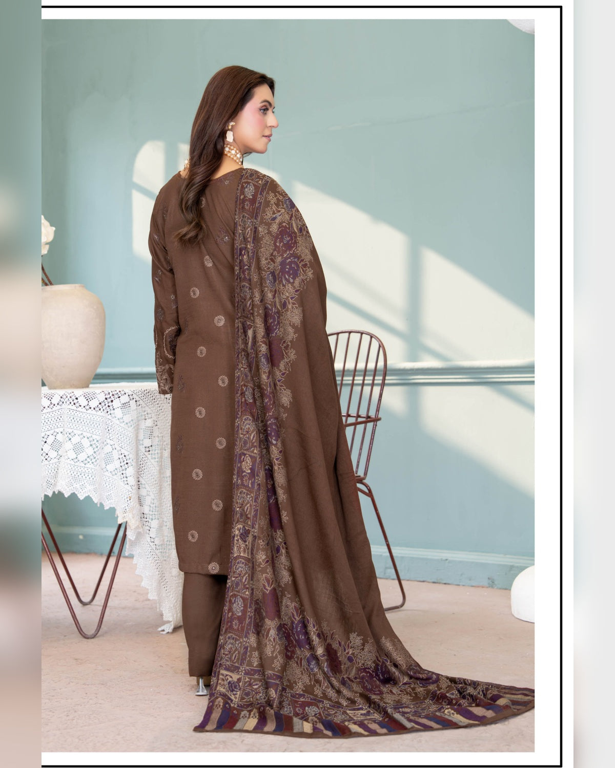 Mahgul Vol. 2 by Riaz Arts – Luxury Embroidered Tensil Peach Leather 3 Piece Winter Suit with Kani Wool Shawl