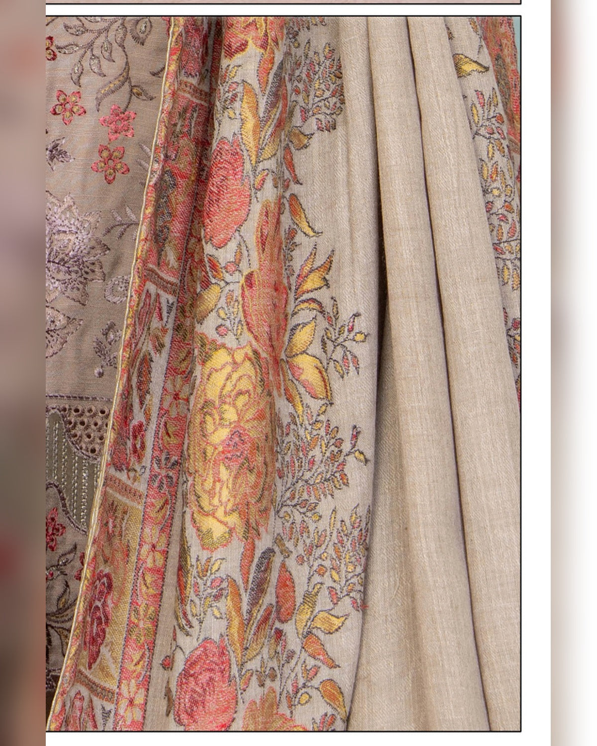 Mahgul Vol. 2 by Riaz Arts – Luxury Embroidered Tensil Peach Leather 3 Piece Winter Suit with Kani Wool Shawl