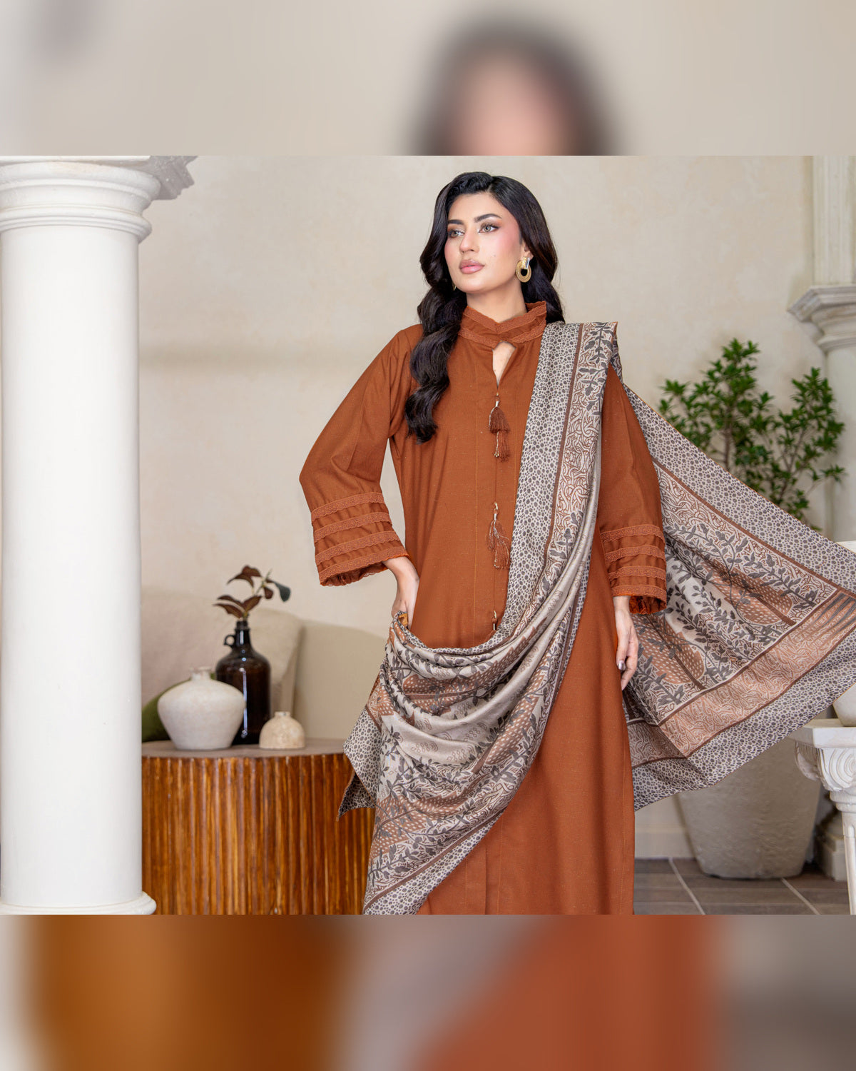 Chinar by Riaz Arts – Luxury Wool Touch Peach 3 Piece Winter Suit with Pashmina Jacquard Shawl