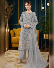 Manizay Dream Slub Bambo Embroidered 3 Piece Suit with Chiffon Dupatta