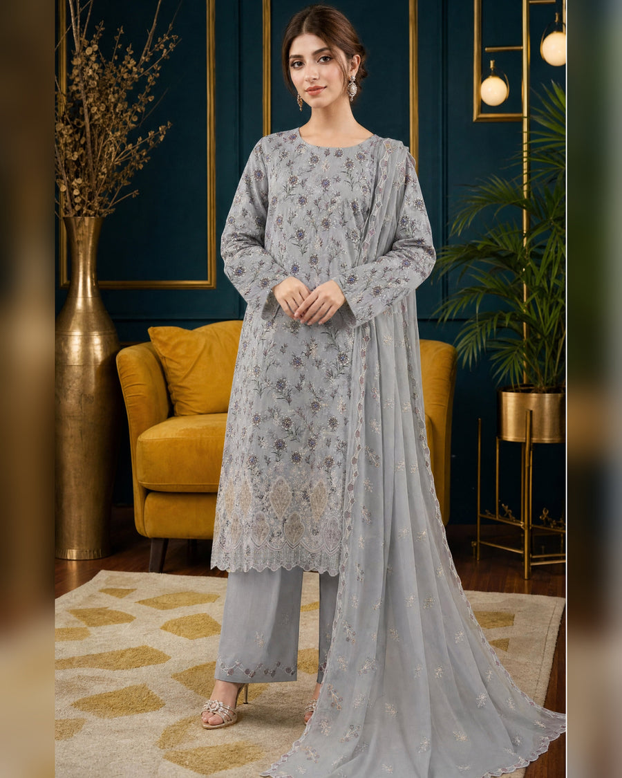 Manizay Dream Slub Bambo Embroidered 3 Piece Suit with Chiffon Dupatta