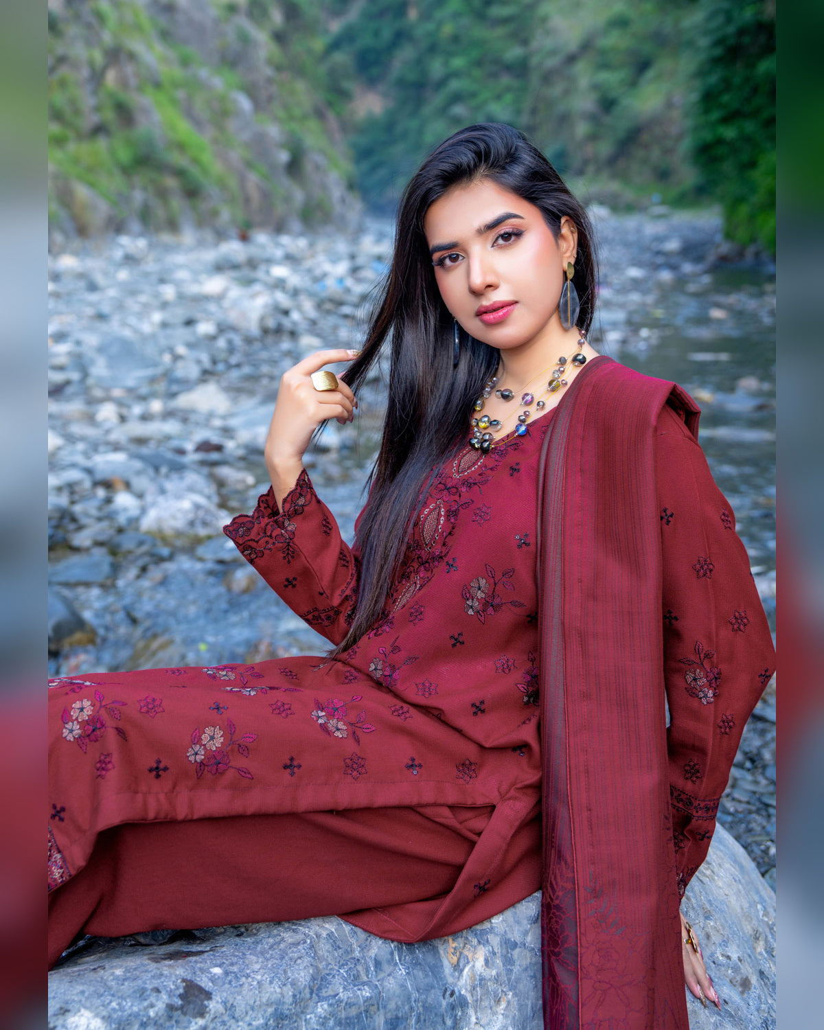 Riaz Arts Zarar Luxury Winter Embroidered Wool Touch Peach Suit with Banarsi Jacquard Shawl