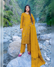 Riaz Arts Zarar Luxury Winter Embroidered Wool Touch Peach Suit with Banarsi Jacquard Shawl