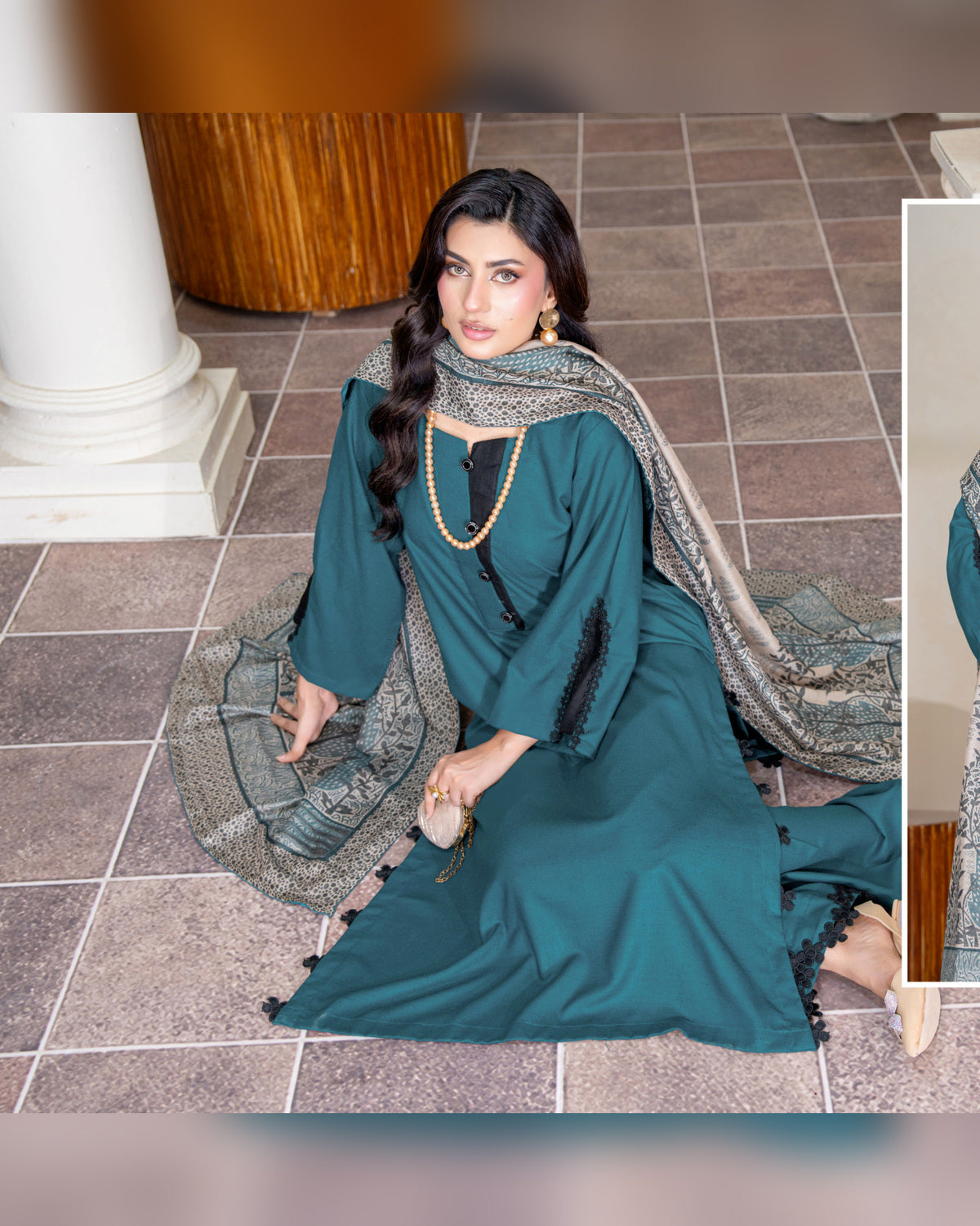 Chinar by Riaz Arts – Luxury Wool Touch Peach 3 Piece Winter Suit with Pashmina Jacquard Shawl