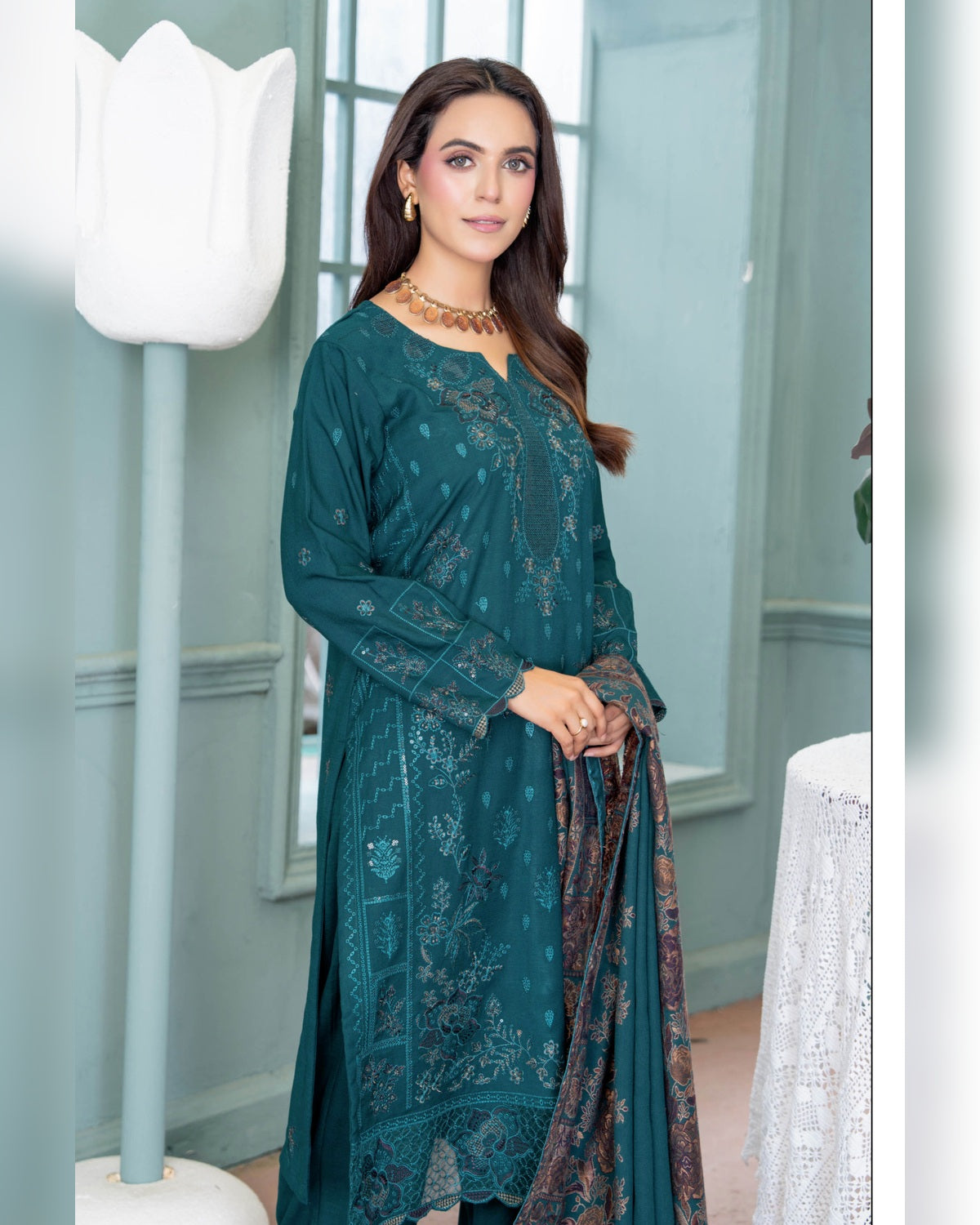 Mahgul Vol. 2 by Riaz Arts – Luxury Embroidered Tensil Peach Leather 3 Piece Winter Suit with Kani Wool Shawl
