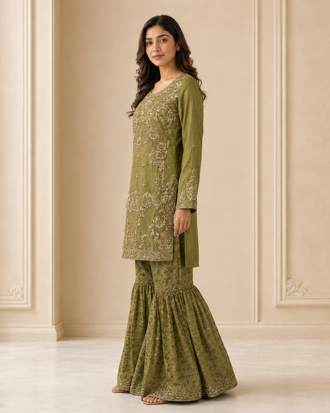 Olive Green Handmade Mehndi Dress Gharara Set