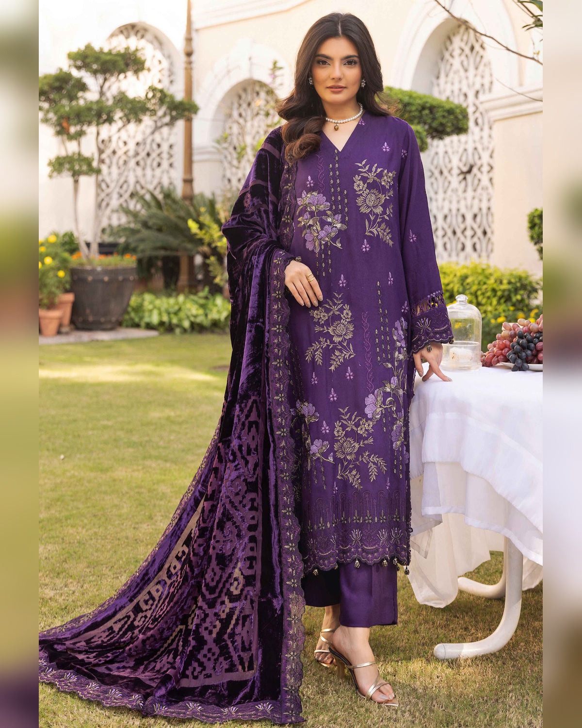 Shaista Gold Full Embroidered Peach 3 Piece Suit with Palachi Dupatta