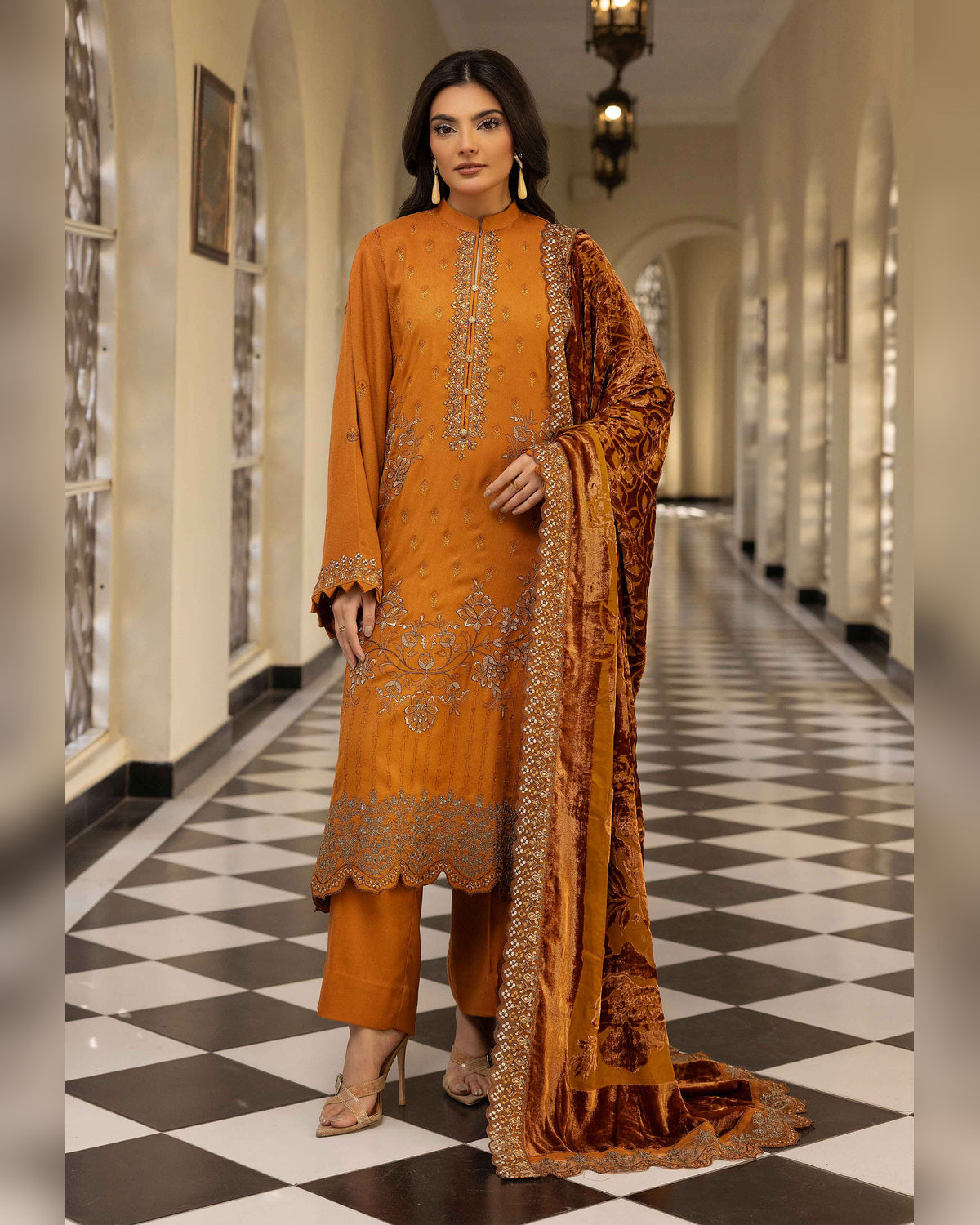 Shaista Gold Full Embroidered Peach 3 Piece Suit with Palachi Dupatta