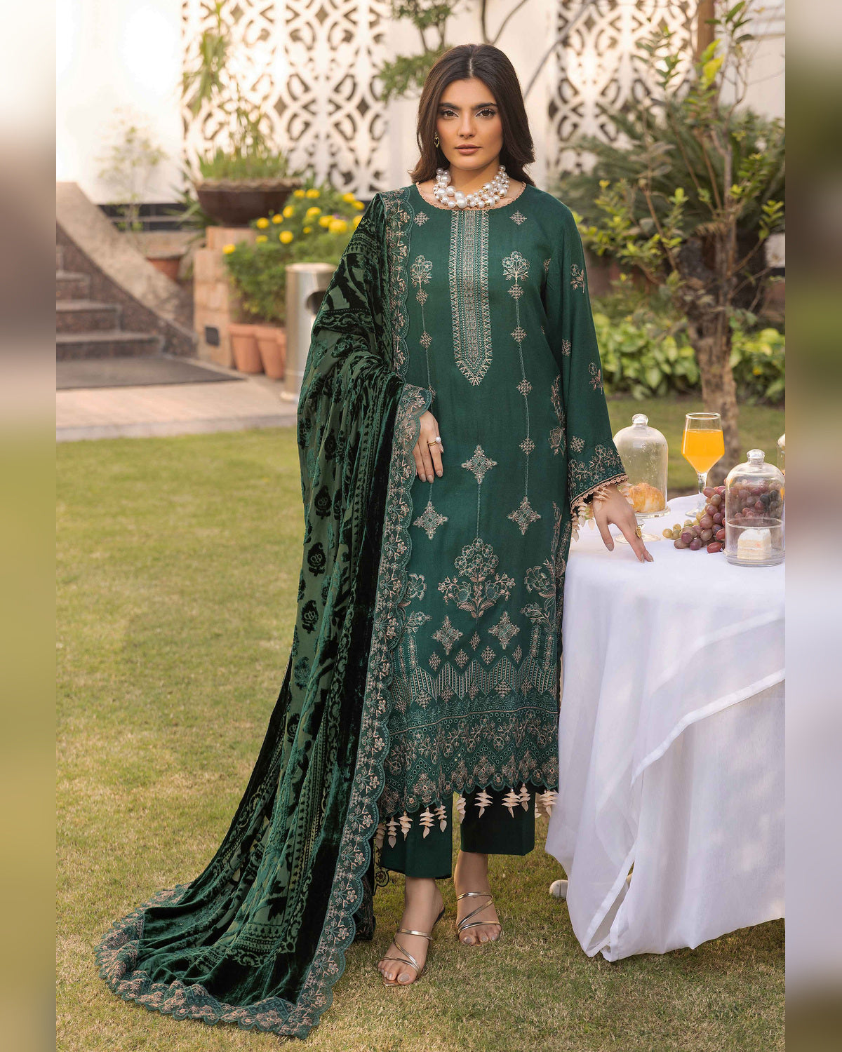 Shaista Gold Full Embroidered Peach 3 Piece Suit with Palachi Dupatta