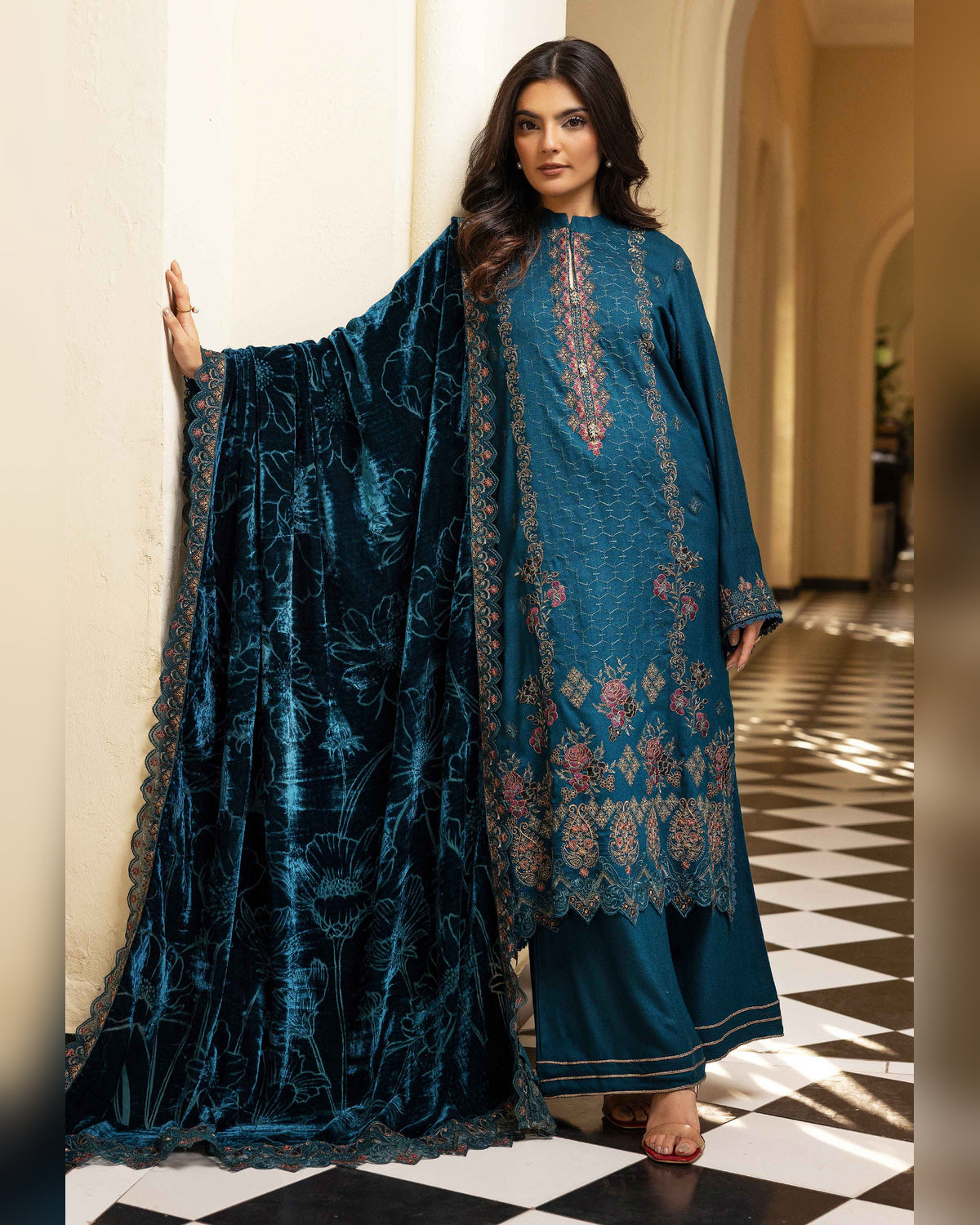 Shaista Gold Full Embroidered Peach 3 Piece Suit with Palachi Dupatta