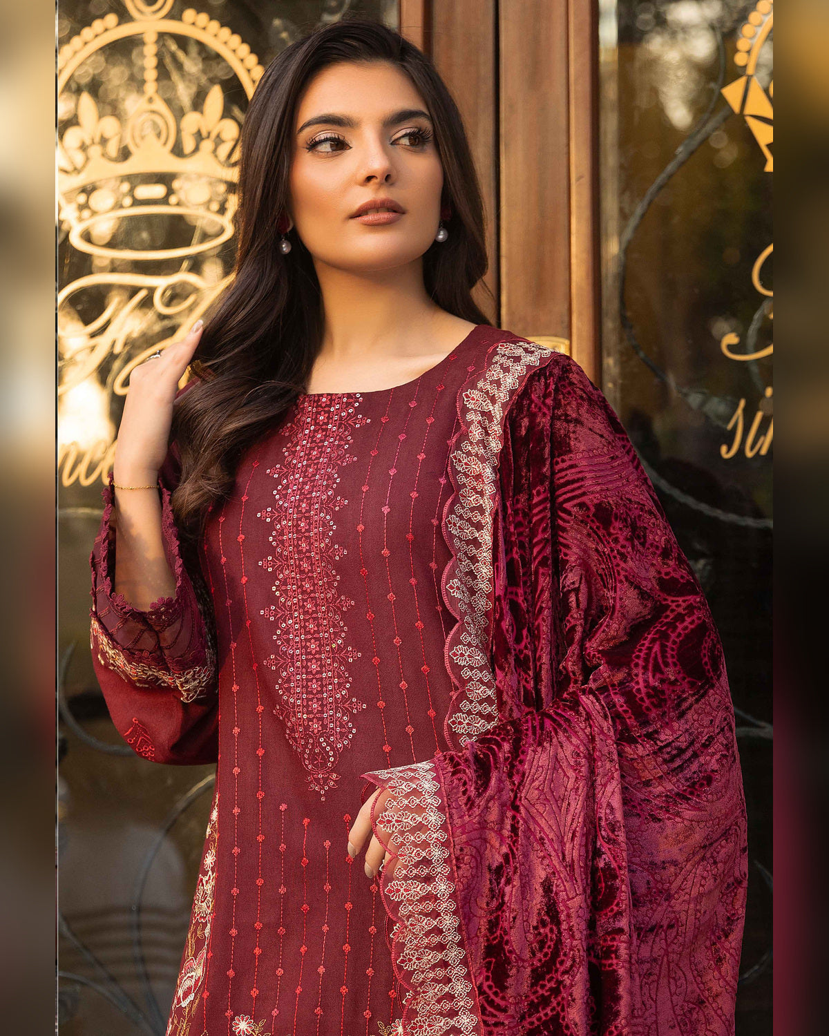Shaista Gold Full Embroidered Peach 3 Piece Suit with Palachi Dupatta