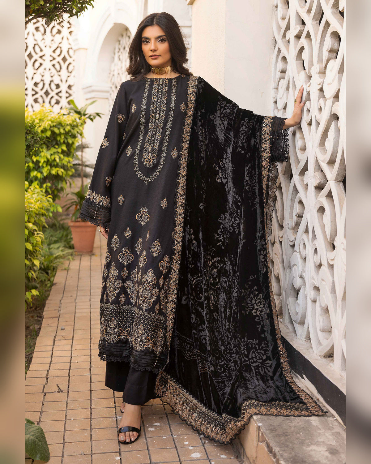 Shaista Gold Full Embroidered Peach 3 Piece Suit with Palachi Dupatta