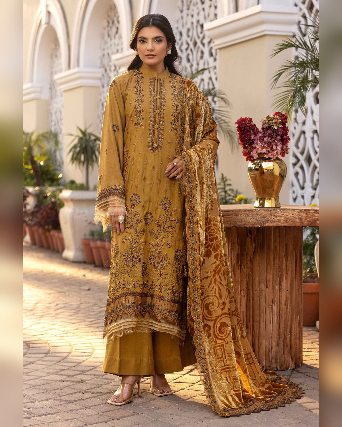 Shaista Gold Full Embroidered Peach 3 Piece Suit with Palachi Dupatta