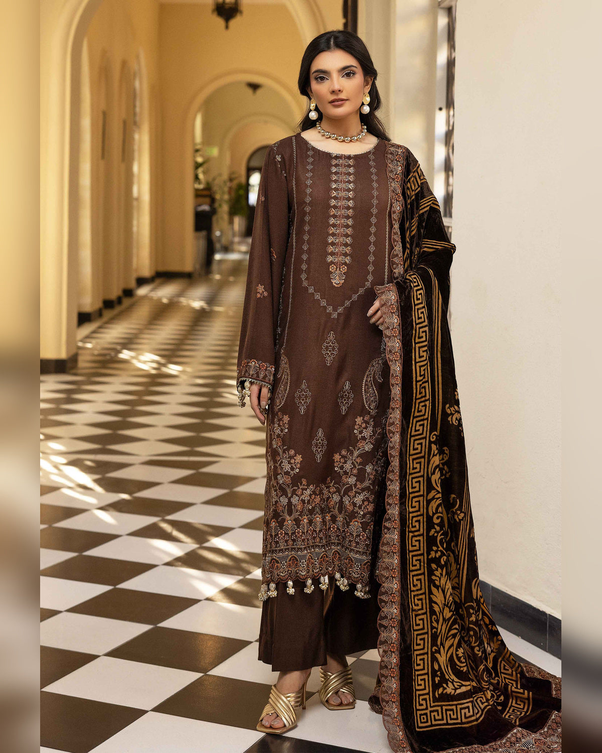 Shaista Gold Full Embroidered Peach 3 Piece Suit with Palachi Dupatta