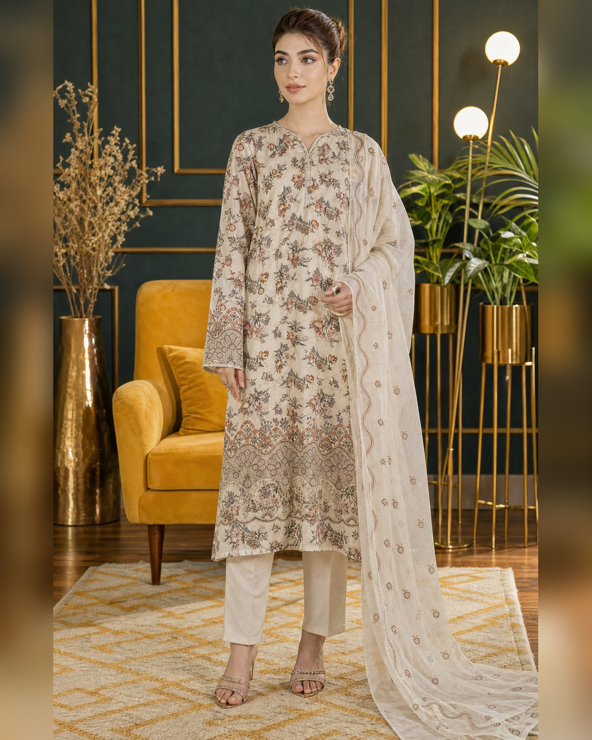 Manizay Dream Slub Bambo Embroidered 3 Piece Suit with Chiffon Dupatta