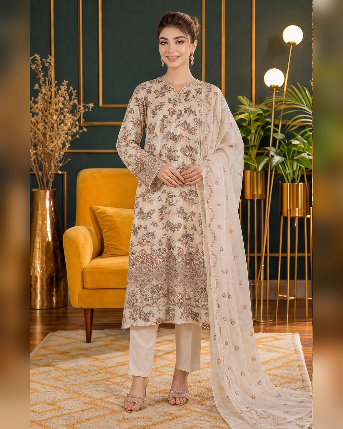 Manizay Dream Slub Bambo Embroidered 3 Piece Suit with Chiffon Dupatta
