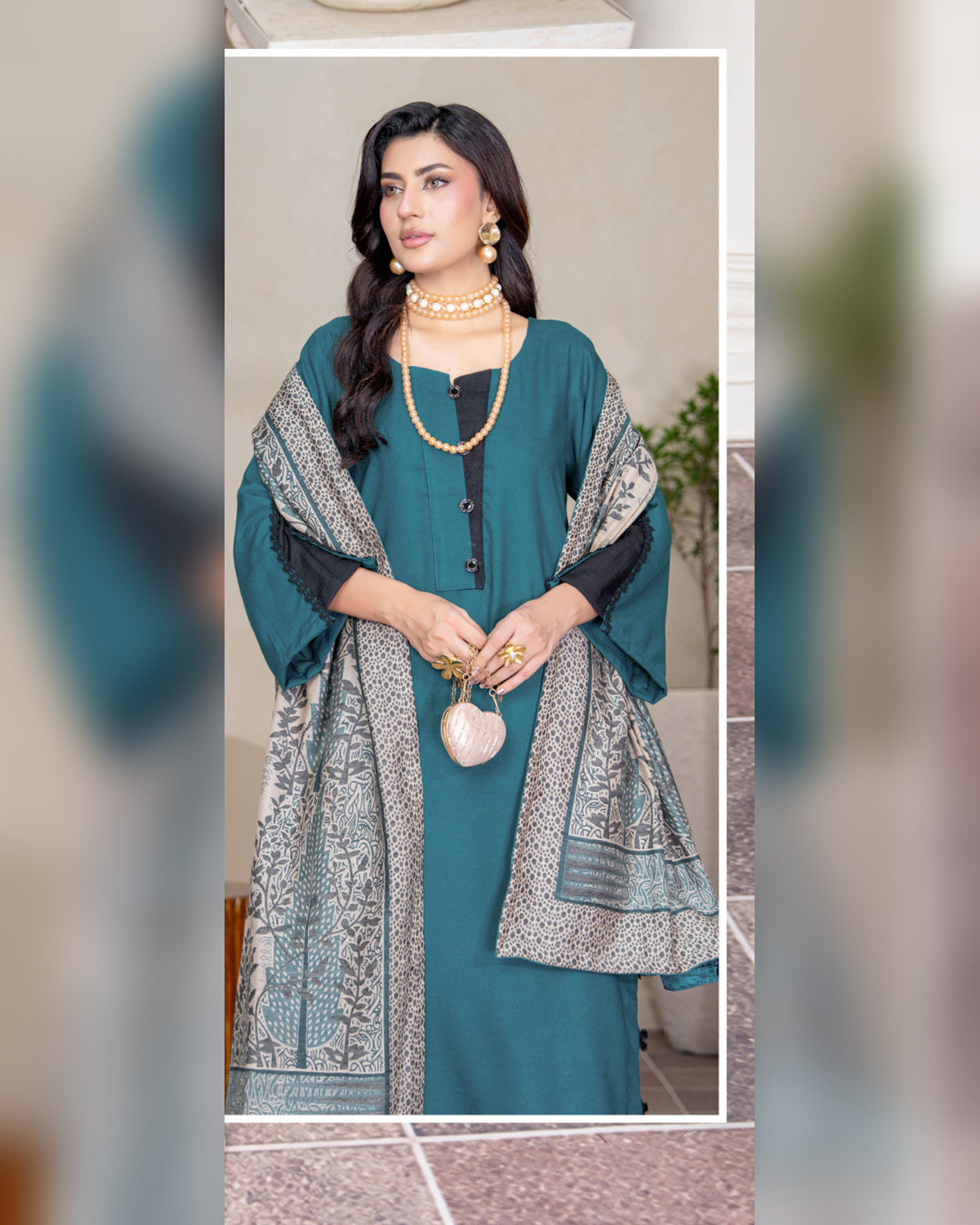 Chinar by Riaz Arts – Luxury Wool Touch Peach 3 Piece Winter Suit with Pashmina Jacquard Shawl