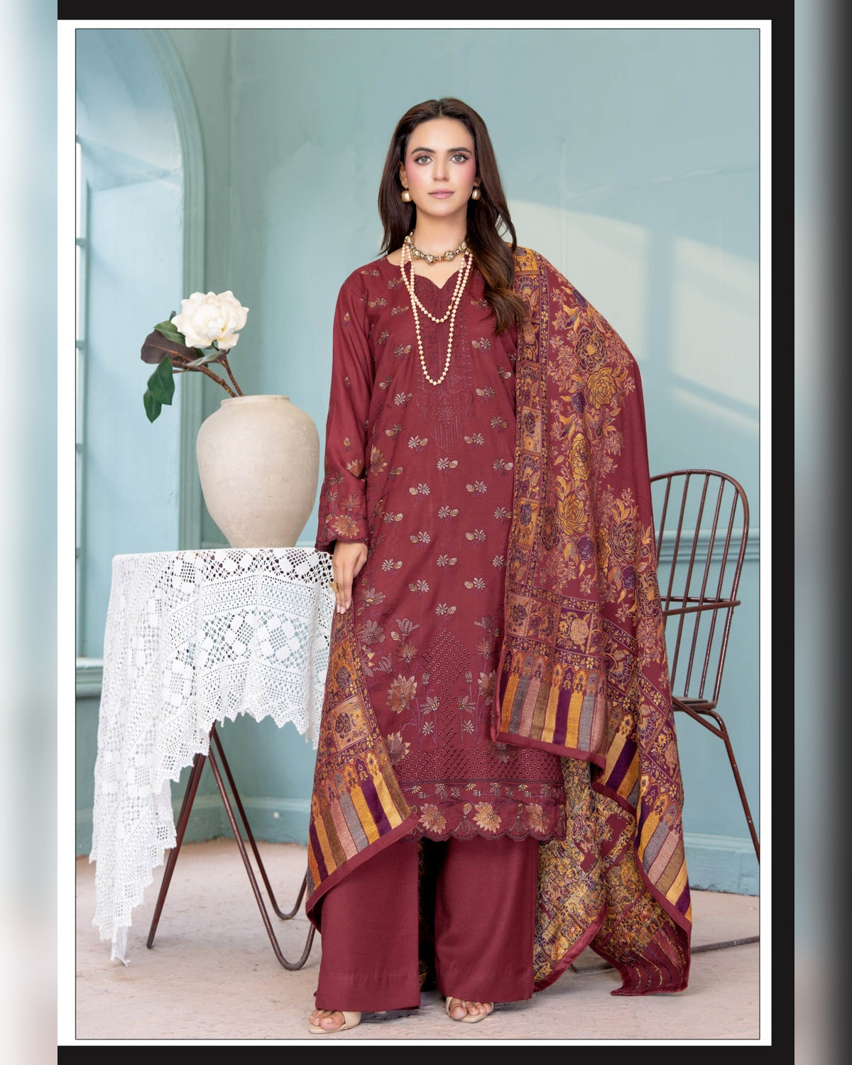 Mahgul Vol. 2 by Riaz Arts – Luxury Embroidered Tensil Peach Leather 3 Piece Winter Suit with Kani Wool Shawl