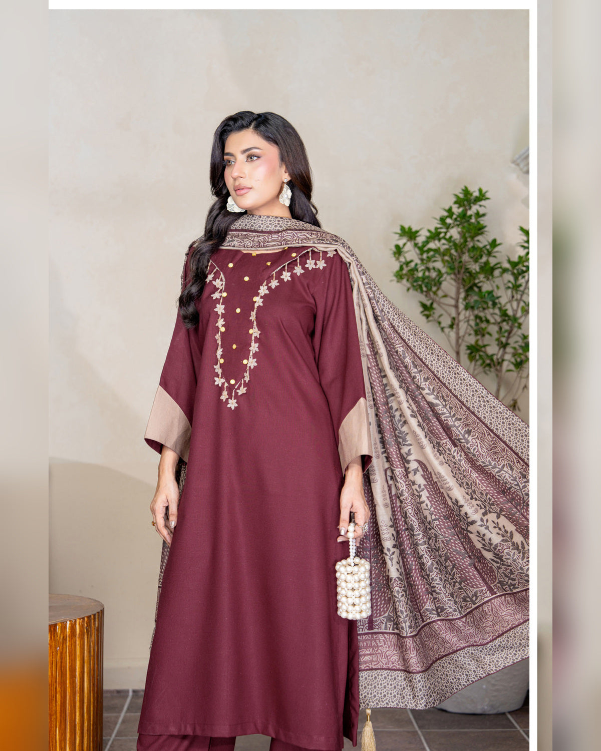 Chinar by Riaz Arts – Luxury Wool Touch Peach 3 Piece Winter Suit with Pashmina Jacquard Shawl