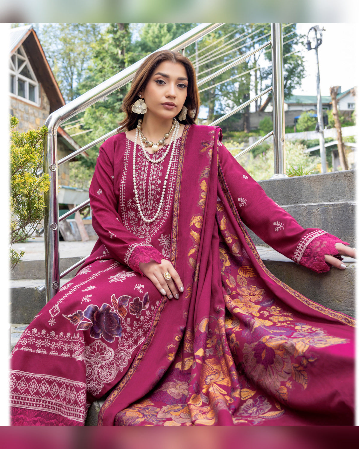 Riaz Arts Qisa Luxury Winter Embroidered Peach Leather Suit with Kani Wool Shawl