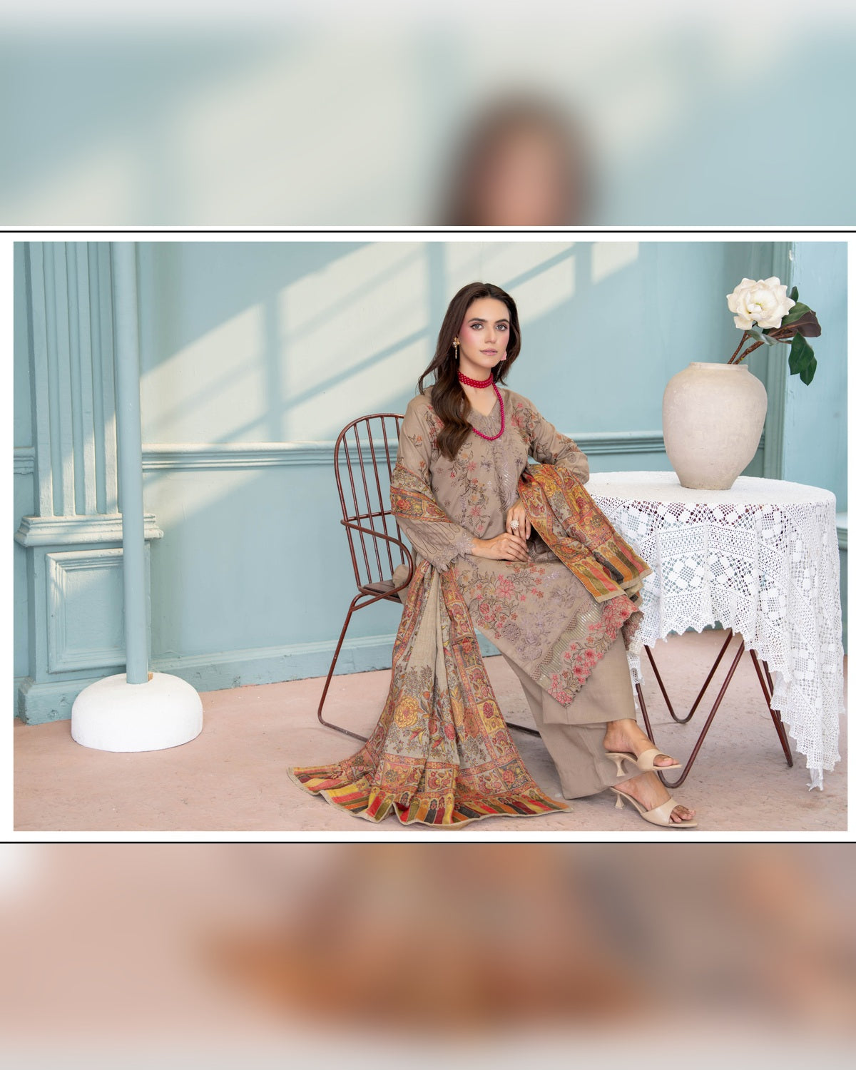 Mahgul Vol. 2 by Riaz Arts – Luxury Embroidered Tensil Peach Leather 3 Piece Winter Suit with Kani Wool Shawl