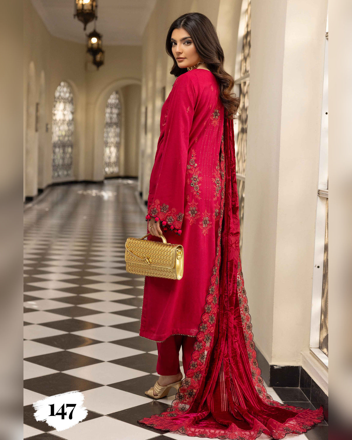 Shaista Gold Full Embroidered Peach 3 Piece Suit with Palachi Dupatta